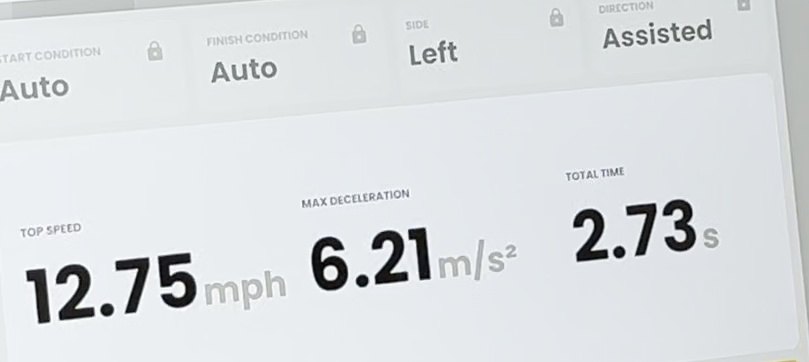 1080 Sprint software results screen showing top speed, max deceleration and total time for an assisted run