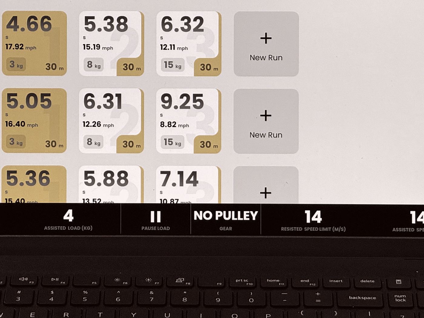 1080 Sprint results screen showing time, speed and load for each 30 m run